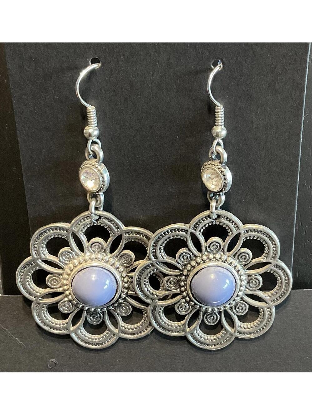 Silver Tone Round Scalloped Earrings With Blue Bead Center Costume Jewelry